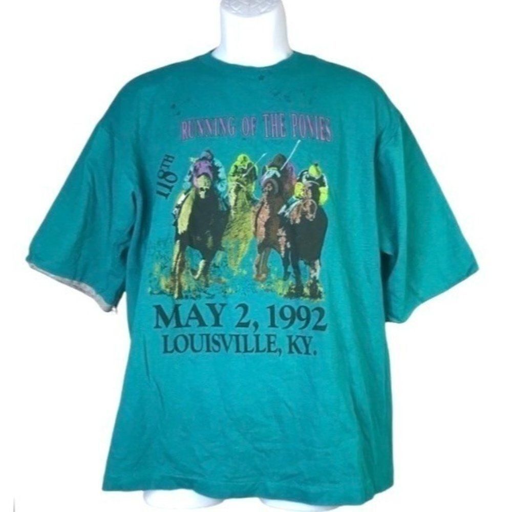Vintage 90s GITANO Kentucky Derby 92 Horse Racing Graphic Tee T-Shirt L Dad VTG